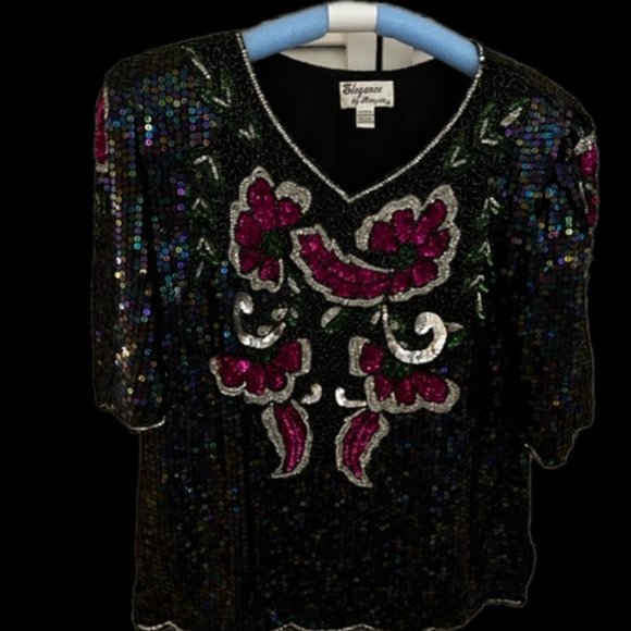 Elegance by Anujan Sweaters - Holiday/Formal-Affair Ready! Silk Floral Design Sequin Top Sz Medium